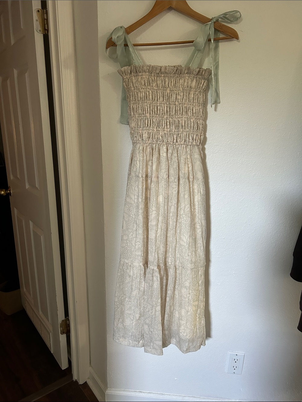 Nordstrom Smocked Bodice Cream Floral Midi Dress with Sage Tie Straps and print